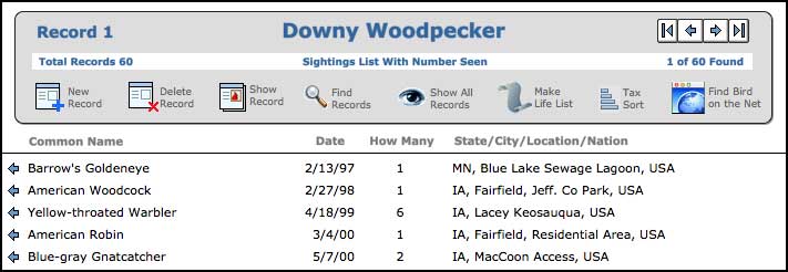 Sighting List with Number Seen